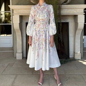 Floral Embroidered White Midi Dress with Belt